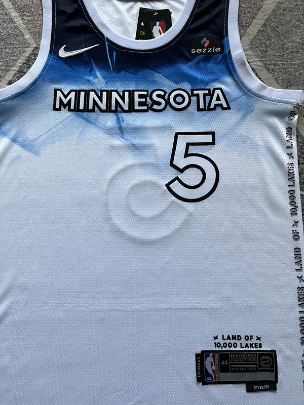 White Minnesota Timberwolves basketball jersey, front graphic detail