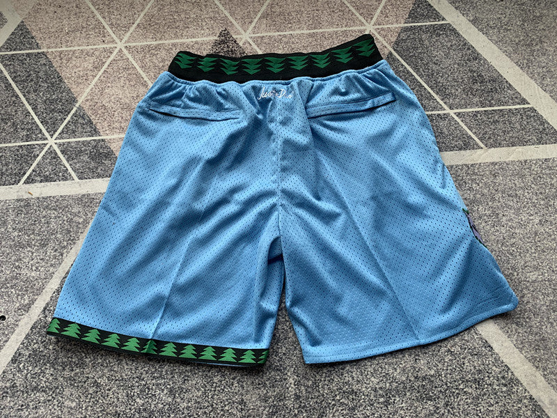 Light Blue Minnesota Timberwolves premium basketball shorts, full back view