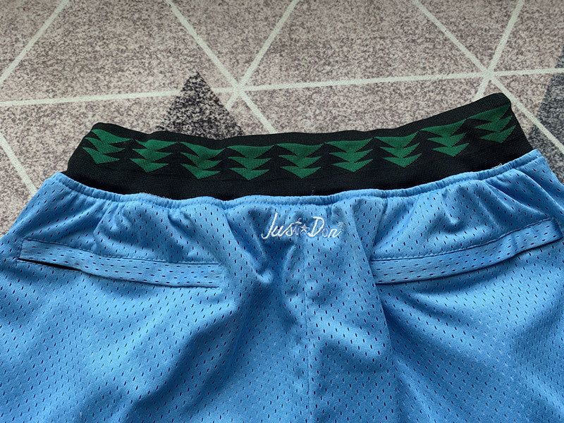 Light Blue Minnesota Timberwolves premium basketball shorts, waistband and label detail