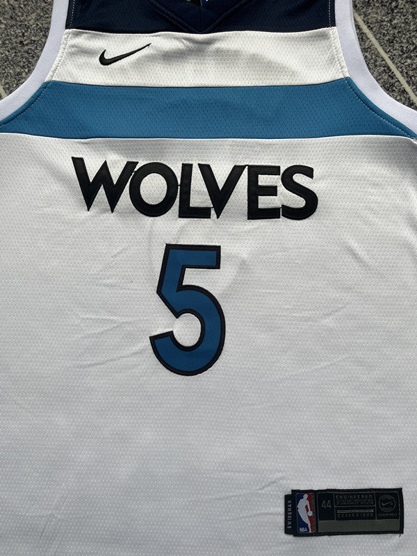 White Minnesota Timberwolves basketball jersey, front graphic detail