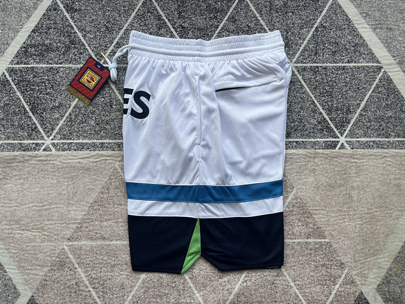 White Minnesota Timberwolves premium basketball shorts, side panel detail