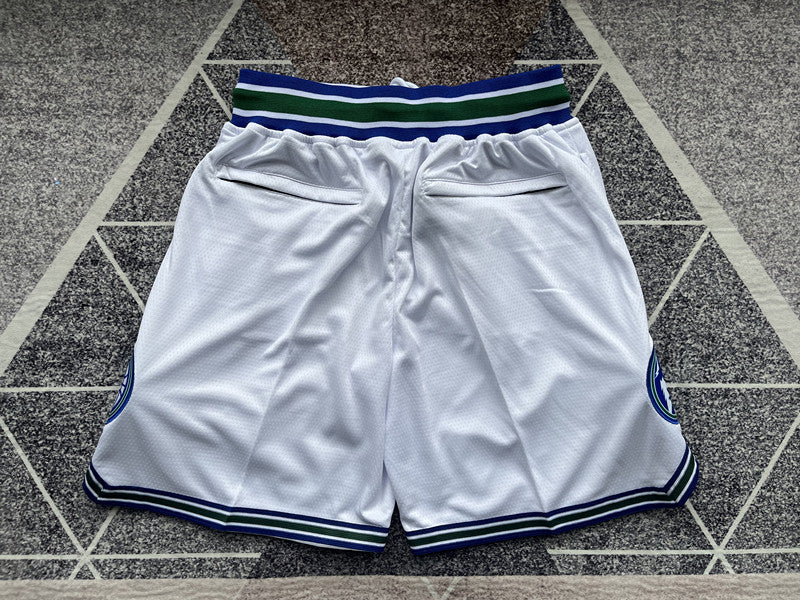White Minnesota Timberwolves premium basketball shorts, full back view