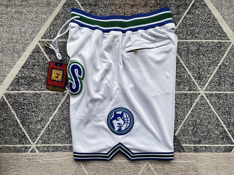 White Minnesota Timberwolves premium basketball shorts, side panel detail