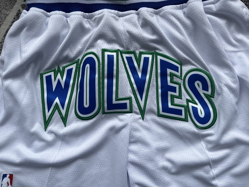 White Minnesota Timberwolves premium basketball shorts, waistband and label detail
