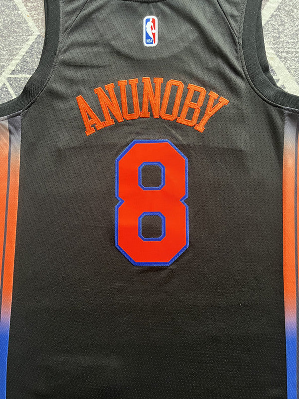 Multi-color New York Knicks basketball jersey, back lettering and number detail