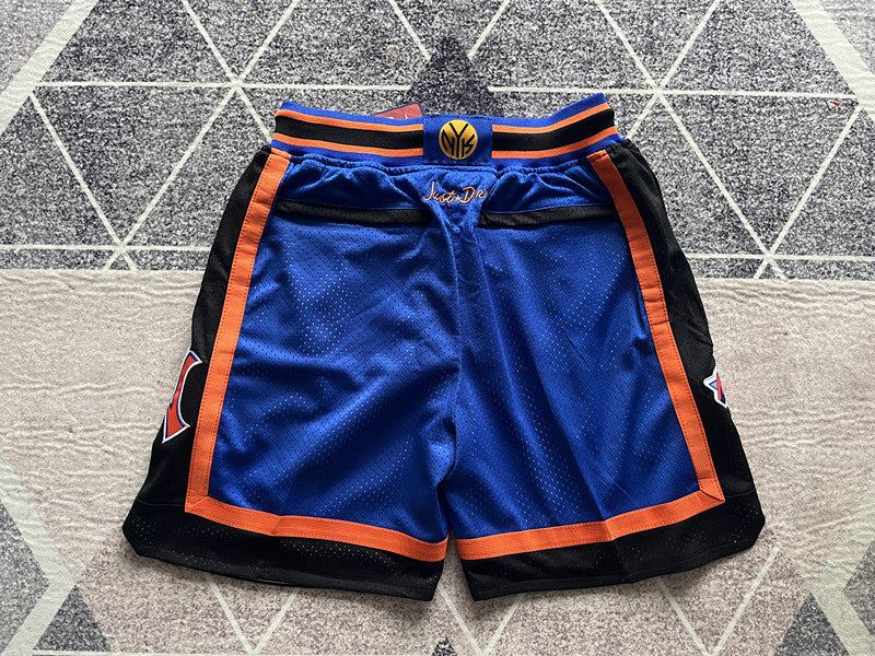 Blue New York Knicks premium basketball shorts, full back view