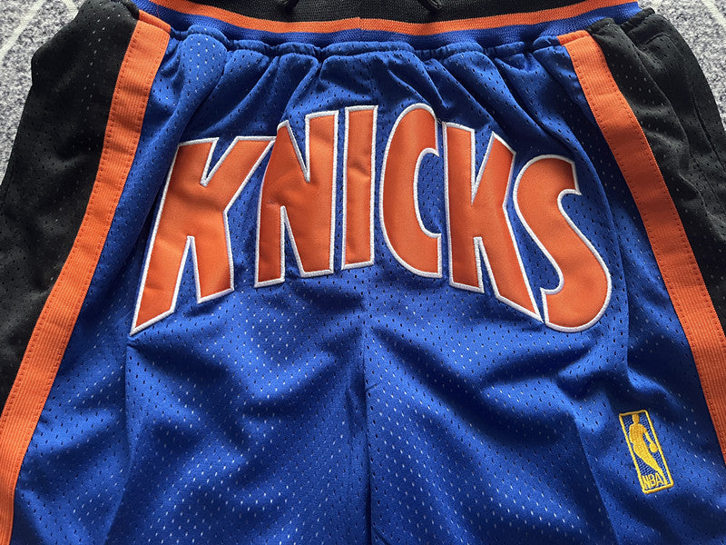 Blue New York Knicks premium basketball shorts, graphic detail