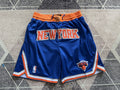 Blue New York Knicks premium basketball shorts, full front view