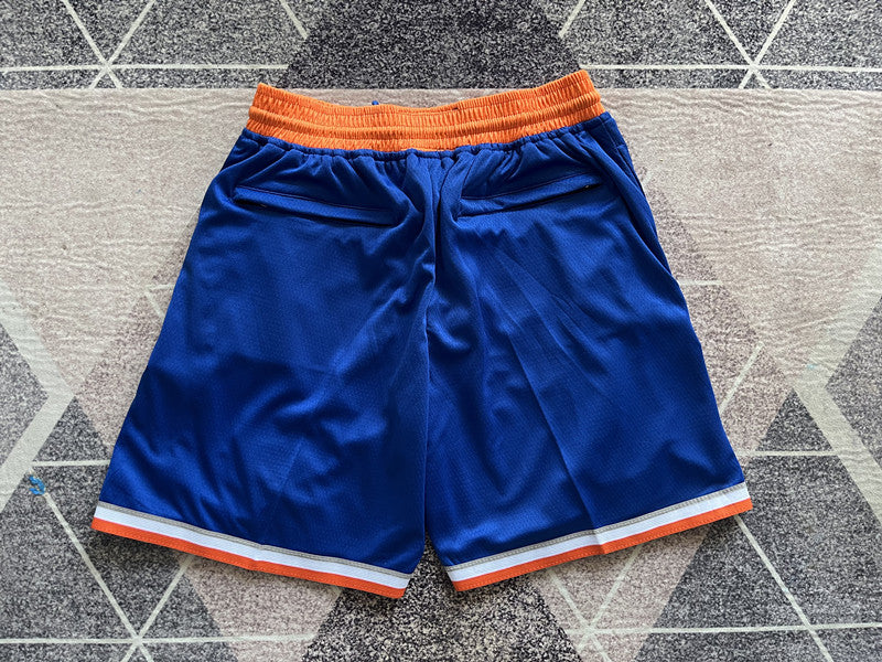 Blue New York Knicks premium basketball shorts, full back view