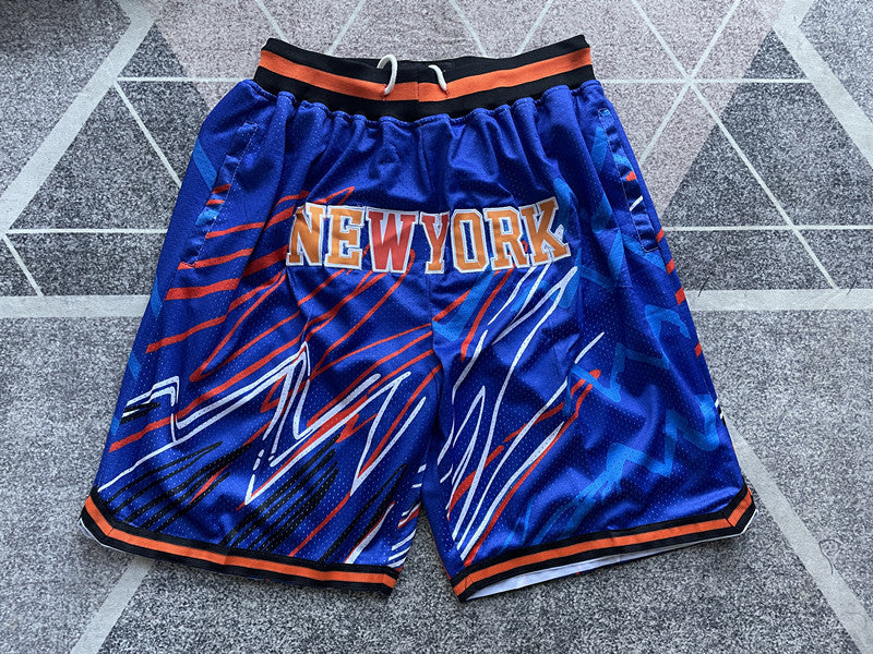 Blue New York Knicks premium basketball shorts, full front view