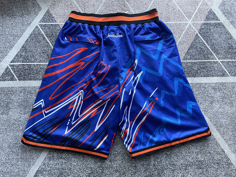 Blue New York Knicks premium basketball shorts, full back view