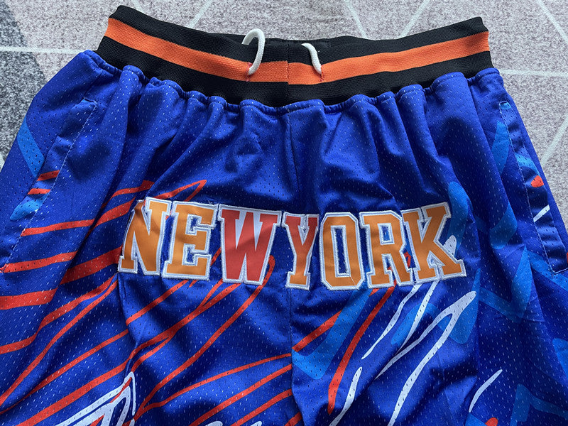 Blue New York Knicks premium basketball shorts, graphic detail