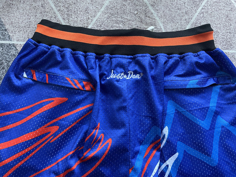 Blue New York Knicks premium basketball shorts, waistband and label detail