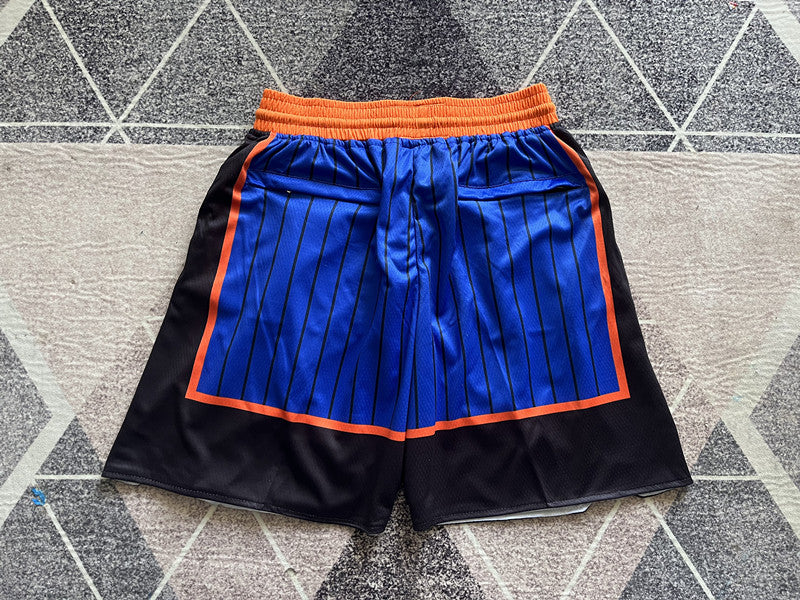 Blue New York Knicks premium basketball shorts, full back view