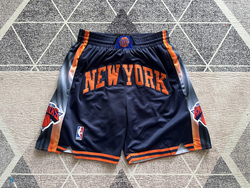 Navy New York Knicks premium basketball shorts, full front view