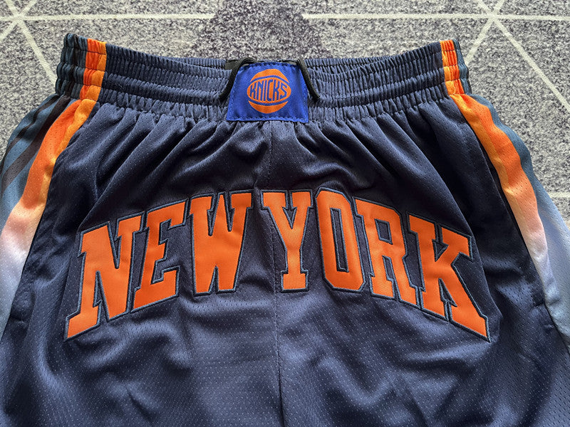 Navy New York Knicks premium basketball shorts, waistband and label detail