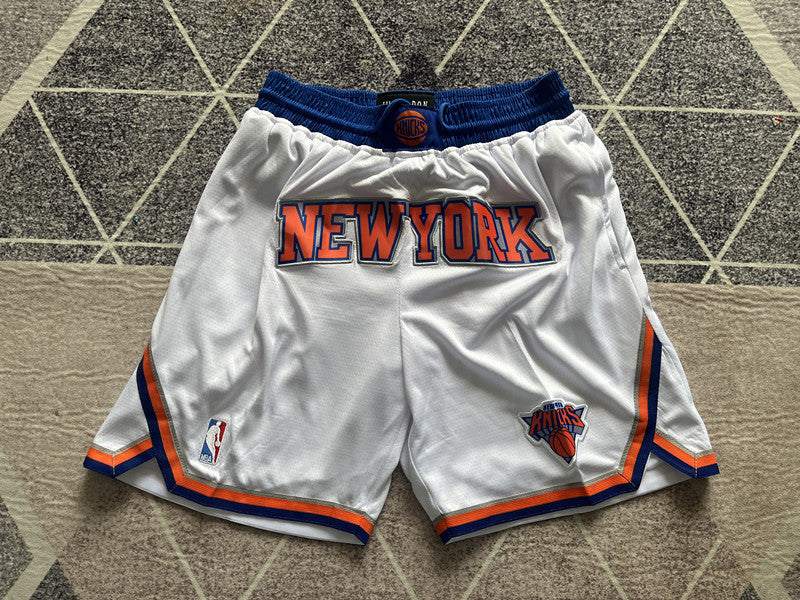 White New York Knicks premium basketball shorts, full front view
