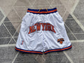 White New York Knicks premium basketball shorts, full front view