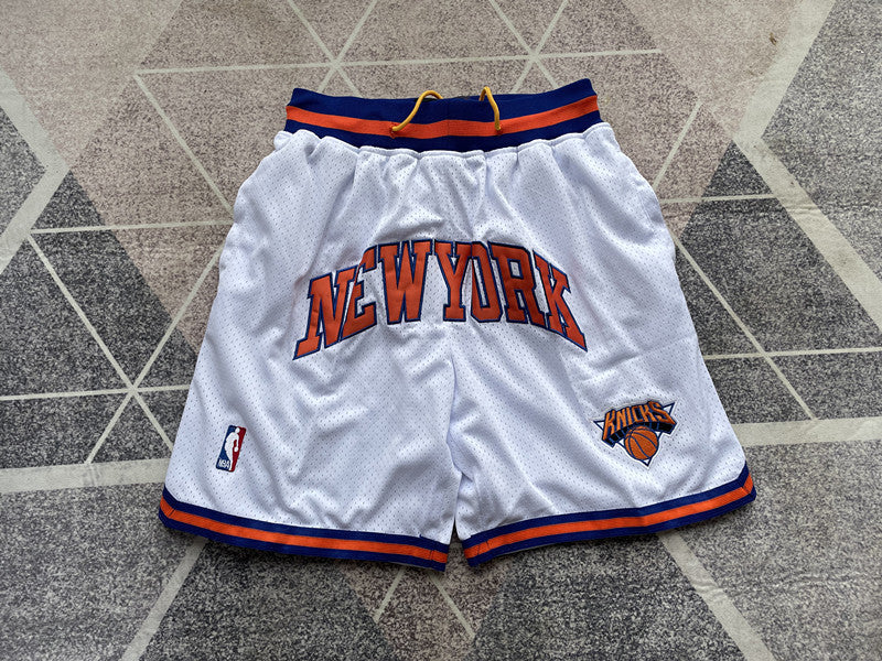 White New York Knicks premium basketball shorts, full front view