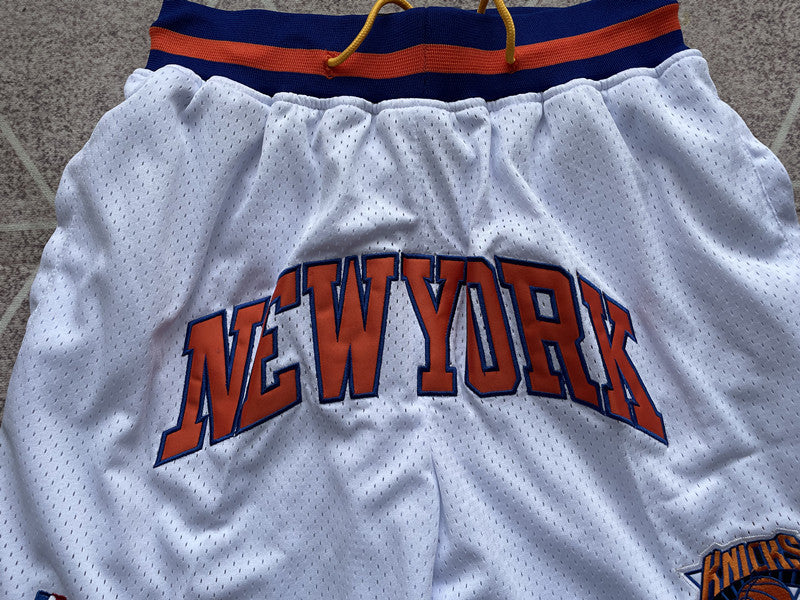 White New York Knicks premium basketball shorts, graphic detail