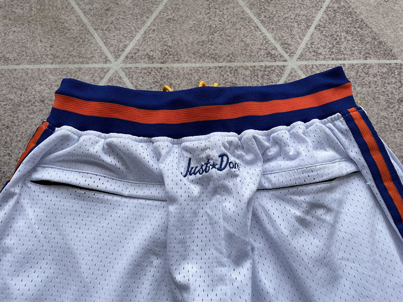 White New York Knicks premium basketball shorts, waistband and label detail