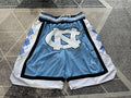 Blue North Carolina premium basketball shorts, full front view