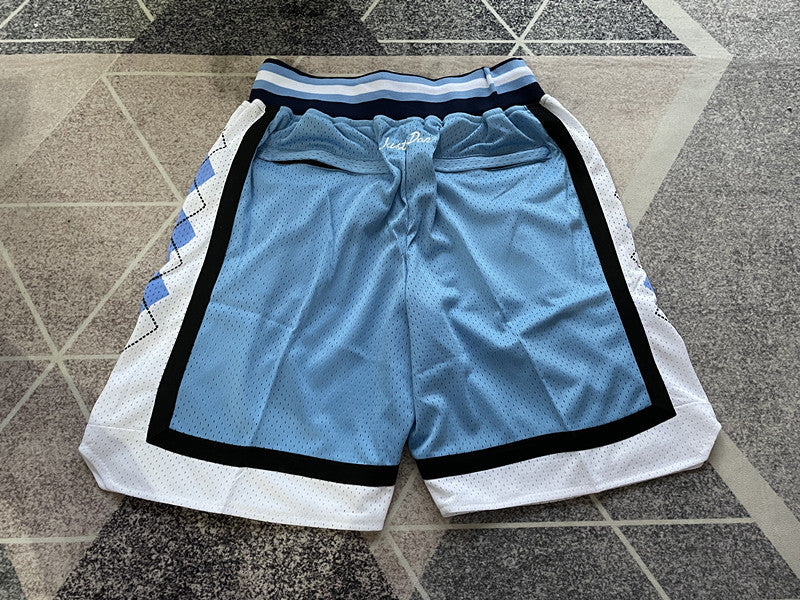 Blue North Carolina premium basketball shorts, full back view