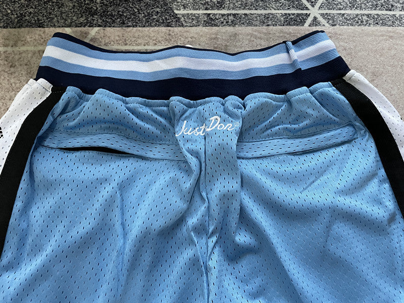 Blue North Carolina premium basketball shorts, waistband and label detail