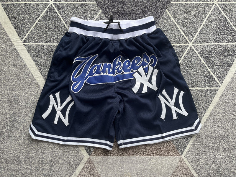 Navy New York Yankees premium basketball shorts, full front view