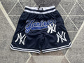 Navy New York Yankees premium basketball shorts, full front view