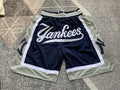 Navy New York Yankees premium basketball shorts, full front view