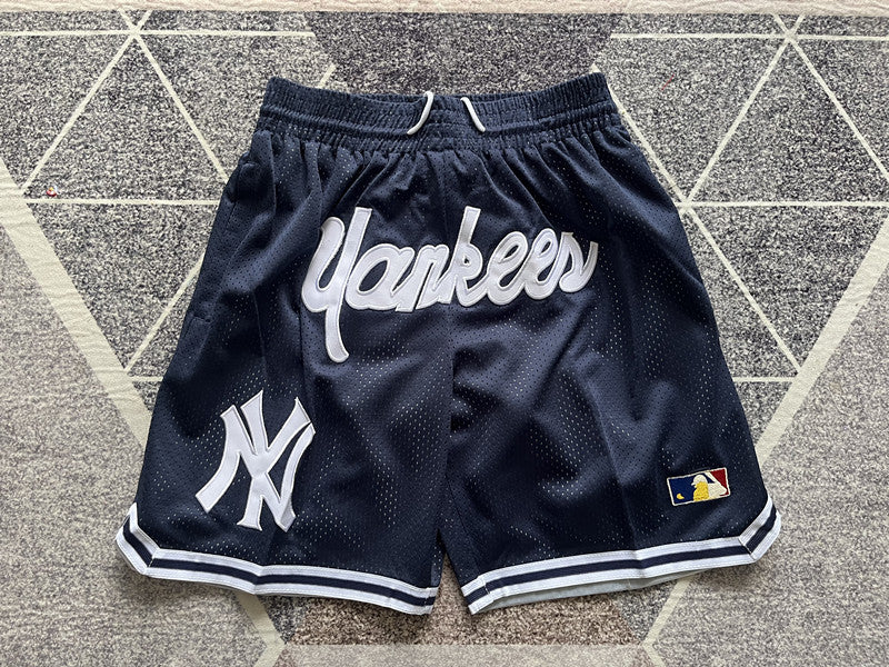 Navy New York Yankees premium basketball shorts, full front view