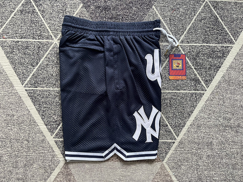 Navy New York Yankees premium basketball shorts, full back view