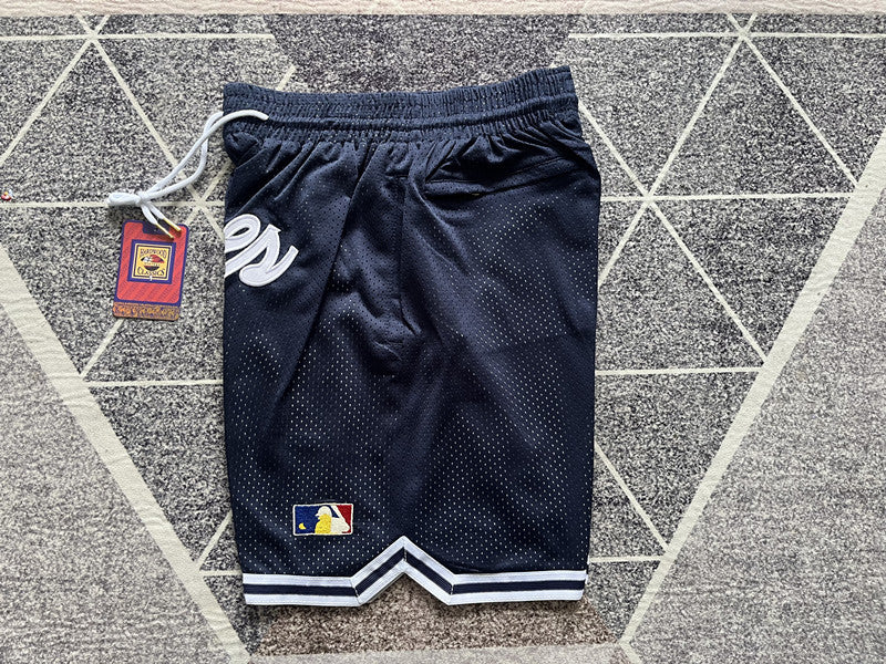 Navy New York Yankees premium basketball shorts, side panel detail