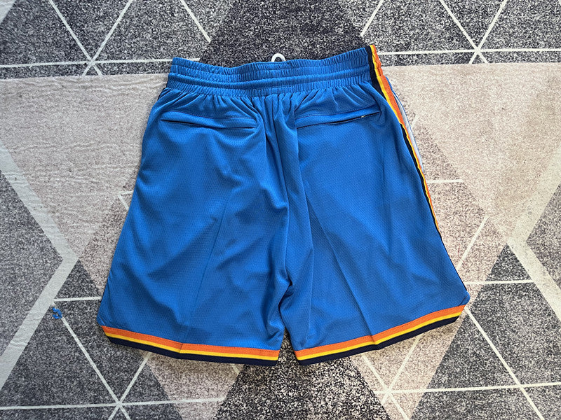Blue Oklahoma City Thunder premium basketball shorts, full back view