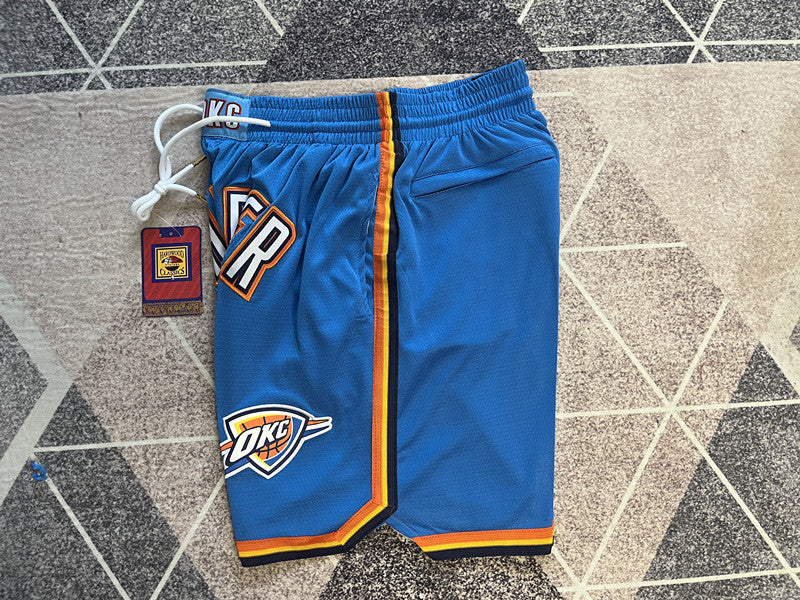 Blue Oklahoma City Thunder premium basketball shorts, side panel detail