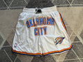White Oklahoma City Thunder premium basketball shorts, full front view