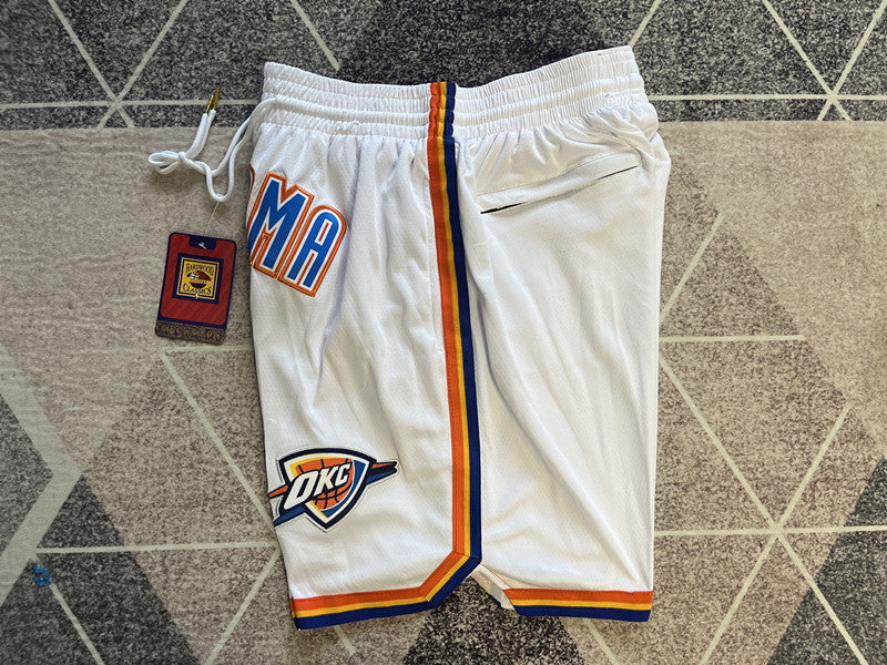 White Oklahoma City Thunder premium basketball shorts, side panel detail