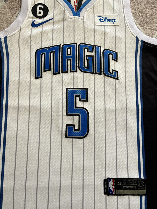 White Orlando Magic basketball jersey, front graphic detail