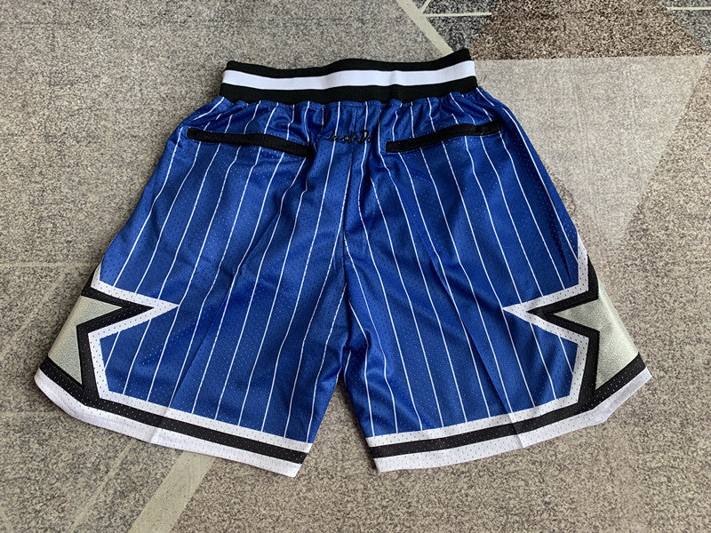 Blue Orlando Magic premium basketball shorts, full back view
