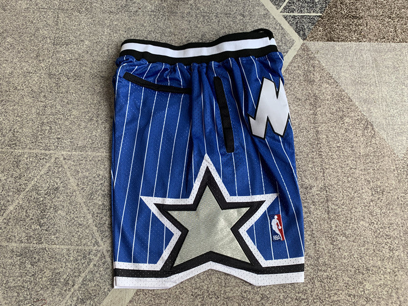 Blue Orlando Magic premium basketball shorts, side panel detail