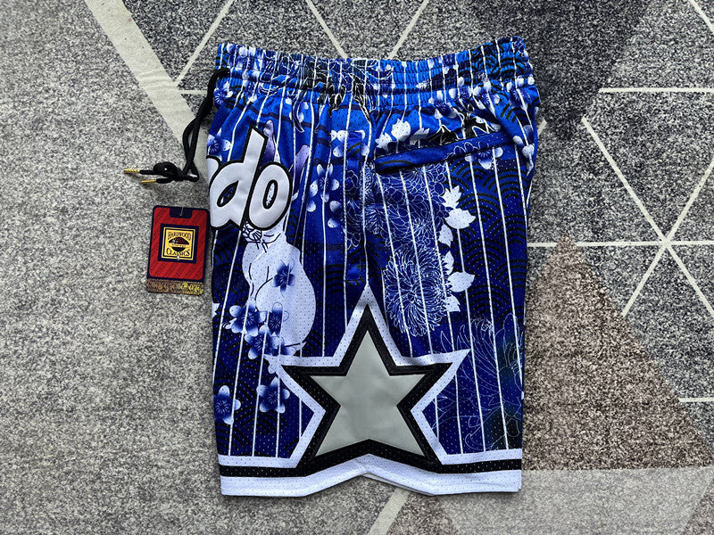 Blue Orlando Magic premium basketball shorts, side panel detail