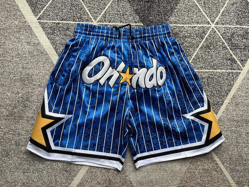 Blue Orlando Magic premium basketball shorts, full front view