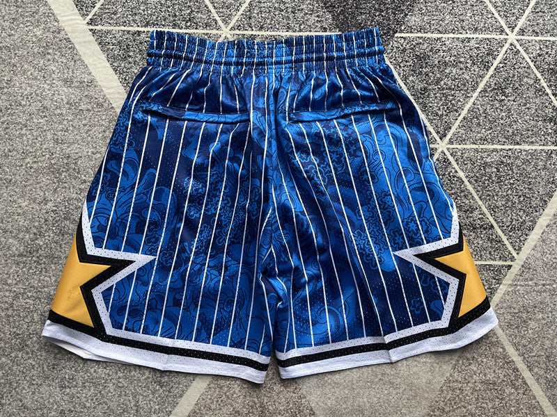 Blue Orlando Magic premium basketball shorts, full back view