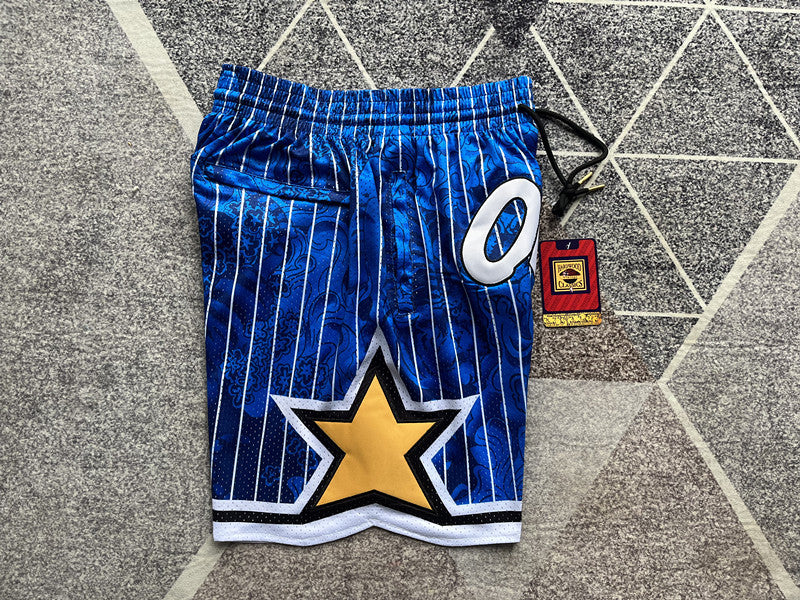 Blue Orlando Magic premium basketball shorts, side panel detail