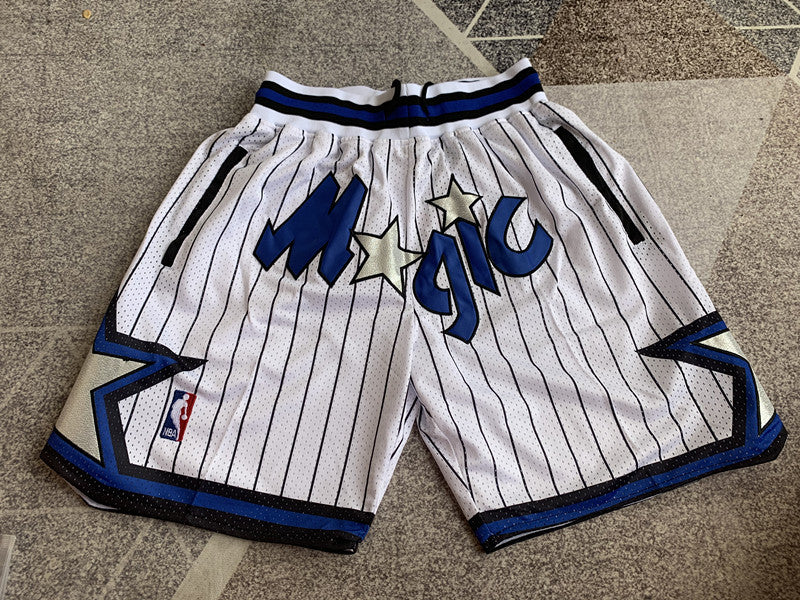 White Orlando Magic premium basketball shorts, full front view