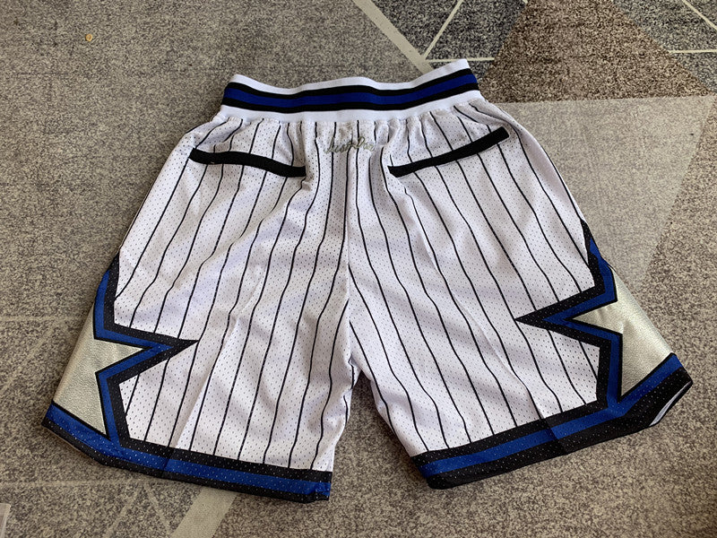 White Orlando Magic premium basketball shorts, full back view