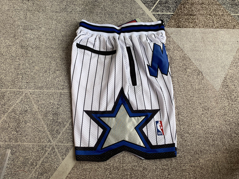 White Orlando Magic premium basketball shorts, side panel detail