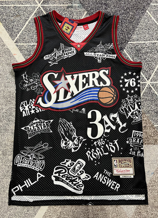 Black Philadelphia 76ers basketball jersey, full front view