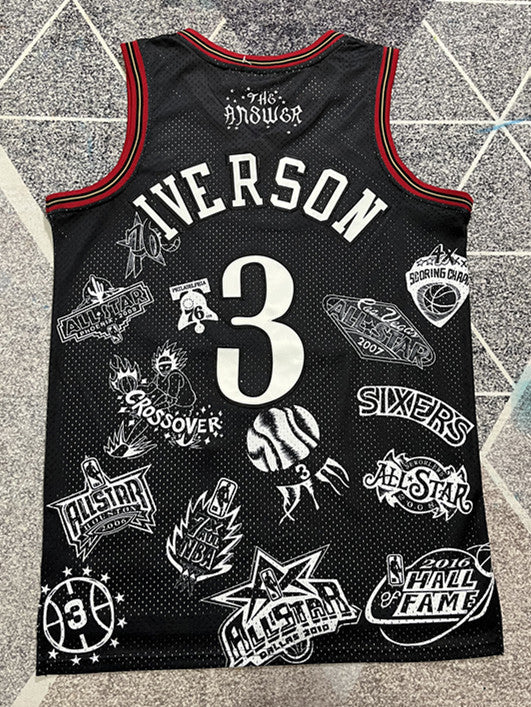 Black Philadelphia 76ers basketball jersey, full back view